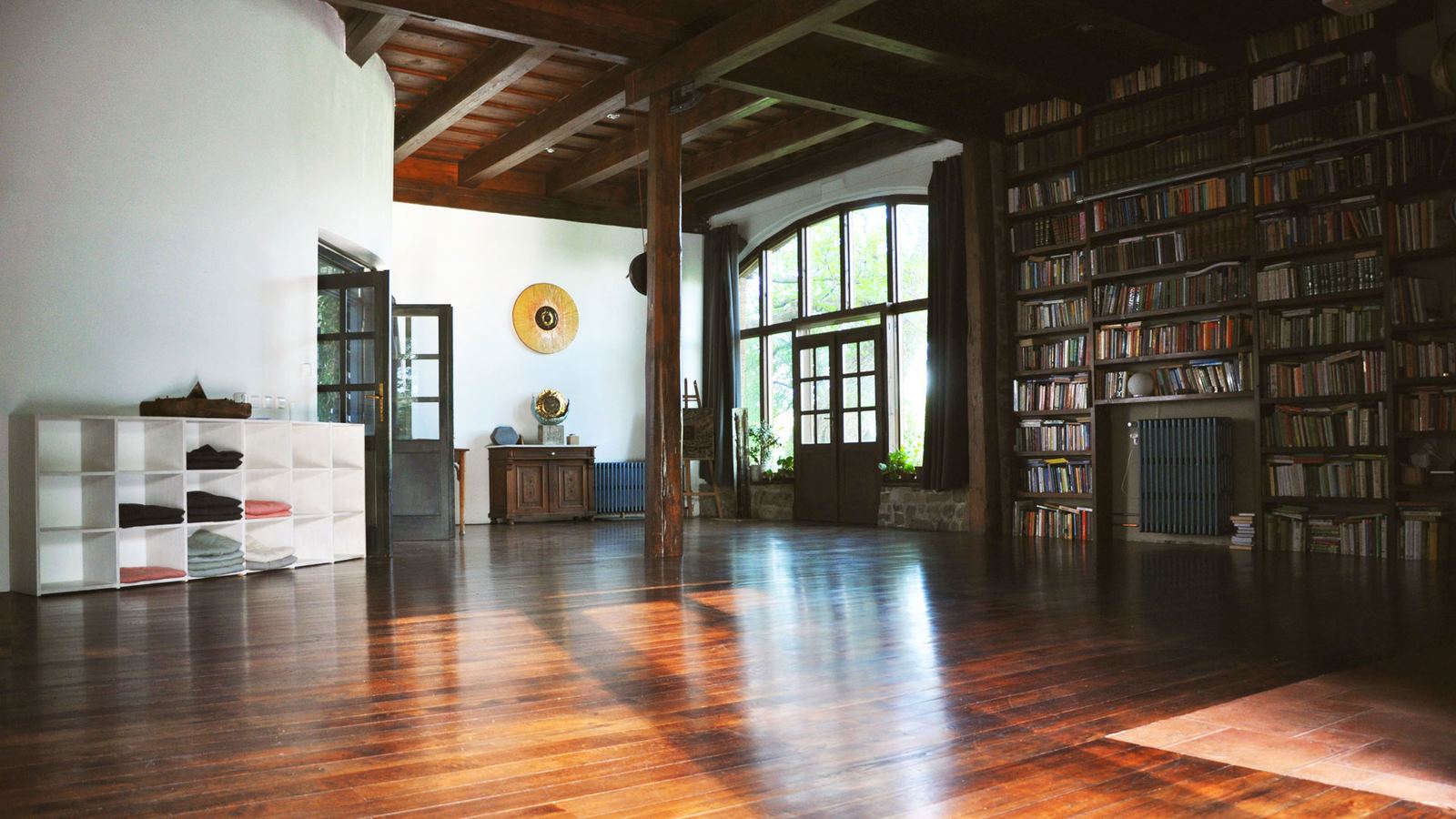 A spacious hall with a library